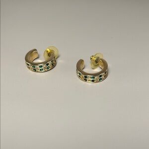 Gold-Tone Small Hoop Earrings with Green and Crystal Stones